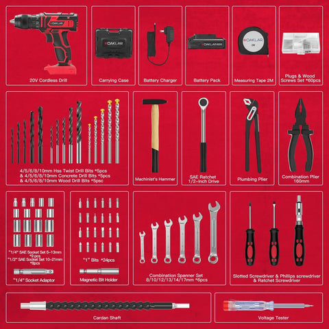 133 Piece Power Tool Kit Set With 20V Cordless Drill Half Inch All Metal Chuck Variable Speed 18 Plus 1 Clutch 2.0Ah Battery And Charger For Home Garage DIY Projects Handyman Ready