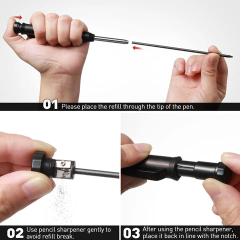 Instructions showing refill insertion and sharpening for Mechanical Carpenter Pencil Set With Built In Sharpener And Long Nose Tip Clip