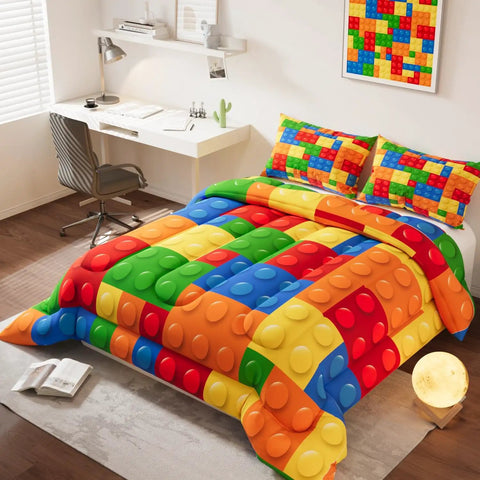 Building Blocks Comforter Set Twin Size With Two Pillow Shams, Vibrant 3D Pattern Microfiber Bedding For Kids Teens Adults, Easy Care Decorative Bedding Set For Bedroom And Cozy Spaces. Twin microfiber bed set with colorful building block print and two shams.