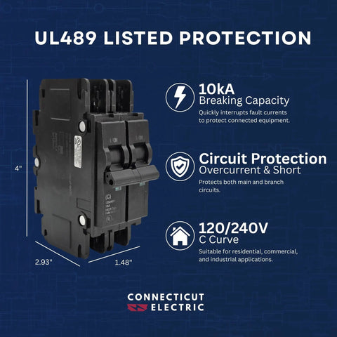 Built Tough 20 Amp 2 Pole Miniature Circuit Breaker 120 240V AC DIN Rail surface mount with 10KA interrupt rating.