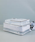 Clear Anti Static Crossbody Satchel For Laptops And Precision Tools with a visible zipper and adjustable strap, showcasing its transparent design.