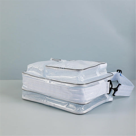 Clear Anti Static Crossbody Satchel For Laptops And Precision Tools with a visible zipper and adjustable strap, showcasing its transparent design.
