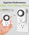 BND60 U47 Indoor Mini 24 Hour Mechanical Outlet Timer 3 Prong 2 Pack shown in hand and on wall plug