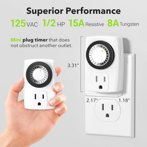 BND60 U47 Indoor Mini 24 Hour Mechanical Outlet Timer 3 Prong 2 Pack shown in hand and on wall plug