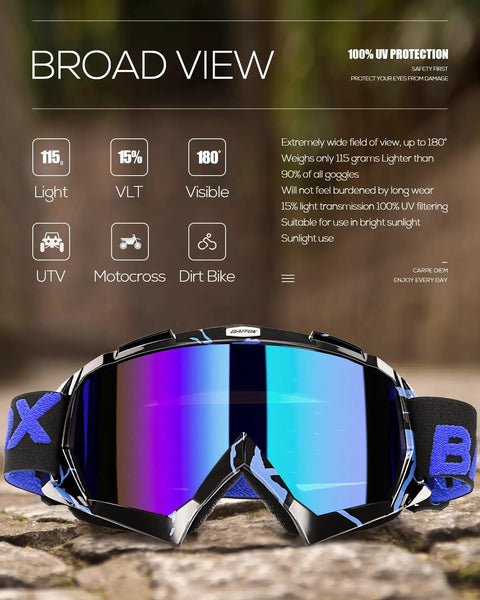 Badass Slick Dirt Bike Goggles For Motocross And Atv Riding With Anti Slip Silicone Strap Impact Resistant PC Lens Tough TPU Frame wind dust sun protection adult gear close-up view with blue strap