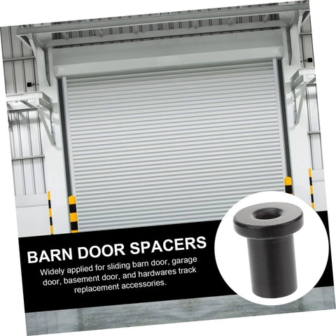 Five Piece Barn Door Track Spacers Black Replacement Hardware For Sliding Doors In Garage And Basement No Fuss Easy Installation Strong Durable Wall To Track Spacing That Keeps Doors Aligned And Runs Smoothly with close-up of spacer.