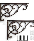 Hella Sturdy Rock Solid Cast Iron Wall Mounted Corner Support Brackets With A Killer Vintage Floral Design For That Top Shelf Rustic Industrial Home Decor Look, black cast iron brackets with floral design.
