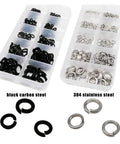 Must Have M2 To M8 Stainless Steel Split Lock Washer And Elastic Gasket Set In Black Carbon Steel 320 Piece Assortment Kit With 304 Grade Washers Prevents Loosening Spreads Pressure Surface Safe For Metal Projects., black and 304 stainless washers in compartment trays