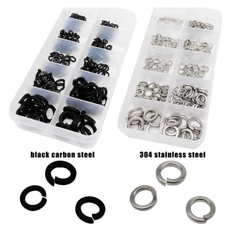Must Have M2 To M8 Stainless Steel Split Lock Washer And Elastic Gasket Set In Black Carbon Steel 320 Piece Assortment Kit With 304 Grade Washers Prevents Loosening Spreads Pressure Surface Safe For Metal Projects., black and 304 stainless washers in compartment trays