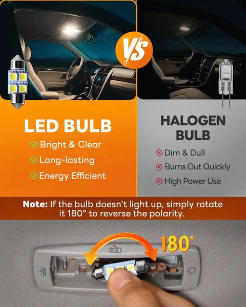 Comparison of LED vs halogen bulb brightness in a car interior with Loaded 48 Piece LED Interior Car Lights Kit instructions
