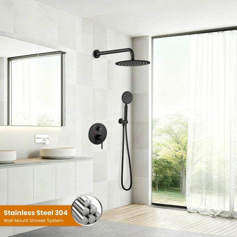 Rain Shower System With 10 Inch Round Showerhead And Handheld High Pressure Faucet Set In Matte Black Finish, Includes Rough-In Valve