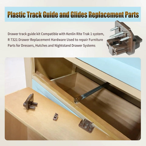 Kickstart Your Furniture Flip With This Solid 7 Pack R7321 Drawer Track Guide Kit Compatible With Kenlins Rite Trak One Systems That Swings Wide Open Smooth And Holds Tight Through Daily Grind, showing brown plastic guides and metal mounting hardware.