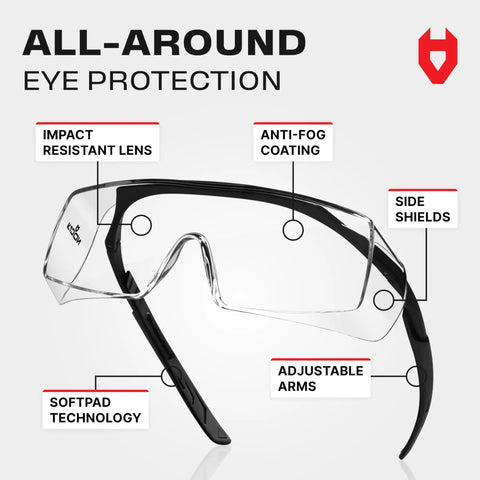 Top Shelf Anti Fog Safety Glasses Designed To Sit Easily Over Glasses With Scratch Proof Lenses; side view showcasing adjustable arms.