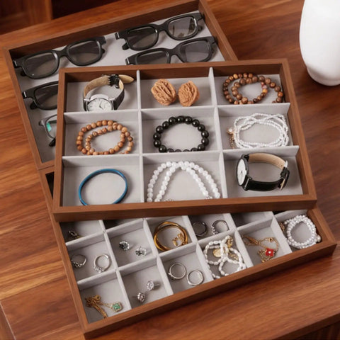 Dope Wooden Velvet Jewelry Organizer Tray With Nine Grid Compartments Stackable Ring Earring Necklace Valet Dish displaying rings and bracelets.