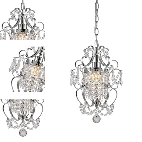 Plug In Chrome Crystal Chandelier With 14.3 Ft Cord And On Off Switch, elegant design with crystal accents, ideal for ambient lighting.