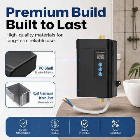 Premium Tankless Water Heater Pumping Out Kickin Instant Hot Water With Convenient Remote Setup For Kitchen Faucet 3000W Electric On Demand Unit showcasing durable PC shell and aluminum liner.