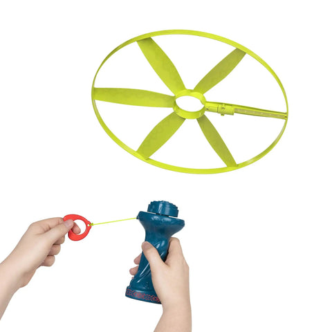 Child’s hands launching Skyrocopter Light Up Flying Disc With Launcher For Kids 5 And Up, Disco Flyer That Shines At Night