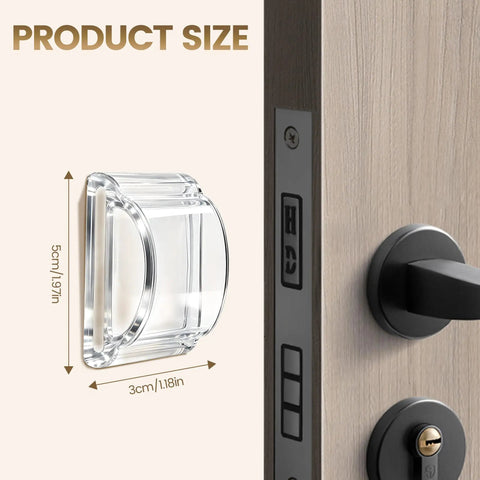 Six Piece Clear Silicone Door Stoppers And Wall Bumper Shields With Heavy Duty Peel And Stick Backing size chart on door, dimensions 5cm x 3cm.
