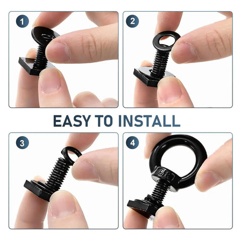 Hands assembling 4 Pack T Track Mount Tie Down Anchors For Roof Racks M8 Stainless Steel T Slot Bolts And Rings Kit Includes Nuts For Securing