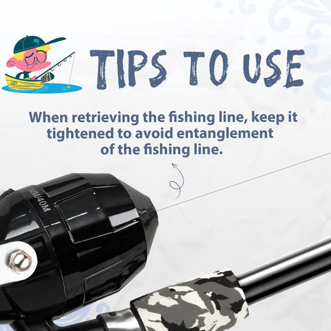 Tip graphic with black spin-cast reel from Kids Telescopic Fishing Pole Kit For Beginners Portable Rod And Reel Combo With Tackle Box And Net