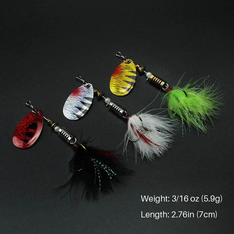 10 Piece Spinner Lures Kit With Tackle Box For Freshwater And Saltwater Fishing, colorful lures with treble hooks on display