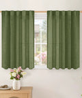 Dark Green Faux Linen Curtains For Kitchen Window Light Filtering Textured Drapes With Rod Pocket And Back Tab 2 Panel Set Each Panel 42 Inches Wide By 40 Inches Long Olive Toned Cafe Office Vibe installed on window