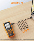 Handheld Manometer Gas Pressure Tester for HVAC Pros and DIYers connected to laptop via USB for data export.