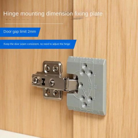 Door Hinge Router Jig With Adjustable Mortise Guide And 2mm Precision Groove mounted on wooden cabinet door