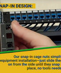 Black 10-32 Slide-In Cage Nuts For Server Rack Hardware And Equipment Mounting With Snug Snap Fit Design Built Tough For A Smooth Install Bulk Pack Of Fifty Standard Thread Fasteners Made In Usa, shown being installed in a rack.