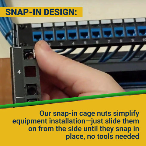 Black 10-32 Slide-In Cage Nuts For Server Rack Hardware And Equipment Mounting With Snug Snap Fit Design Built Tough For A Smooth Install Bulk Pack Of Fifty Standard Thread Fasteners Made In Usa, shown being installed in a rack.