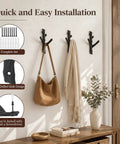 Hella Sturdy Cast Iron Tree Branch Wall Hooks Set Of Four Premium Heavy Duty wall mounts displaying bags and scarves.