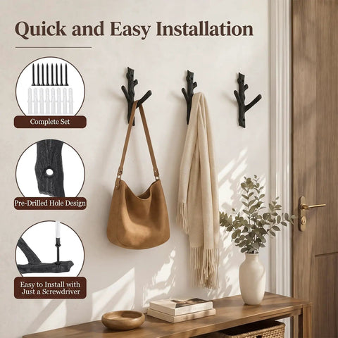 Hella Sturdy Cast Iron Tree Branch Wall Hooks Set Of Four Premium Heavy Duty wall mounts displaying bags and scarves.