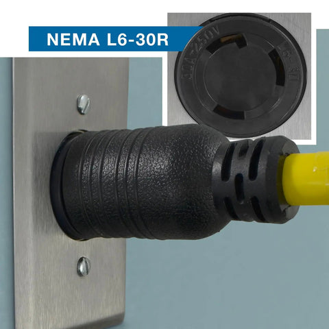 Close-up of Y Power Splitter Cord 30 Amp 250 Volt 3ft NEMA L6-30P To Dual NEMA L6-30R Outlets plugged into socket