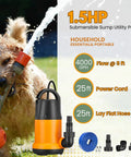 Hella Strong Submersible Sump Pump And Portable Utility Water Transfer Setup With 25 Foot Hose, 1.5 HP motor for outdoor use.