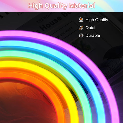 Close-up of Rainbow Neon Light Sign For Bedroom LED Colorful Rainbow Wall Decor with high quality material text overlay.