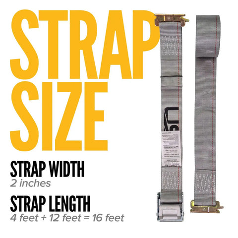 E Track Cam Buckle Tie Down Straps 2 Inch Wide 16 Foot Long 10 Pack with Spring E Fittings, showing strap width and length