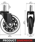 Heavy Duty Office Chair Wheels Pack Of 5 Black 7 Sixteenths By 7 Eighths Inch Smooth Silent Rolling dimensions view