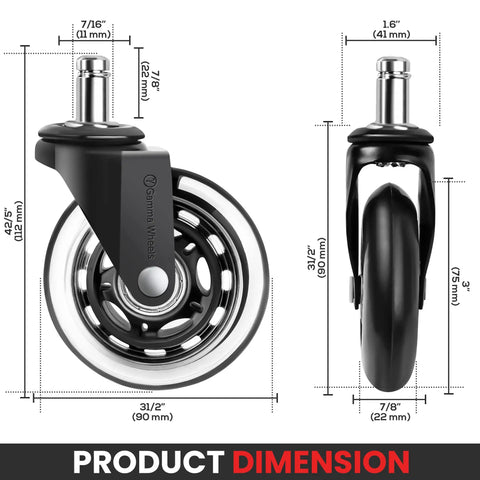 Heavy Duty Office Chair Wheels Pack Of 5 Black 7 Sixteenths By 7 Eighths Inch Smooth Silent Rolling dimensions view
