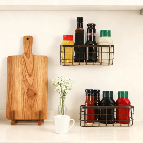 Set Of 2 Small Wire Baskets For Countertop Storage with bottles, rustic farmhouse style trays, sturdy iron frame with wood base.