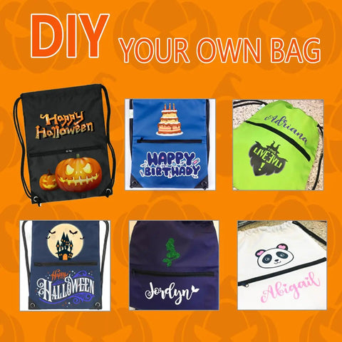 Multiple custom drawstring backpacks with various designs like Halloween theme, birthday cake, and personalized names.