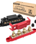 Beefy Power Distribution Block Bus Bar With Four Three Eighths Inch Posts And Six Size Eight Screws 48V DC Max 250 Amp Continuous Pair In Red And Black