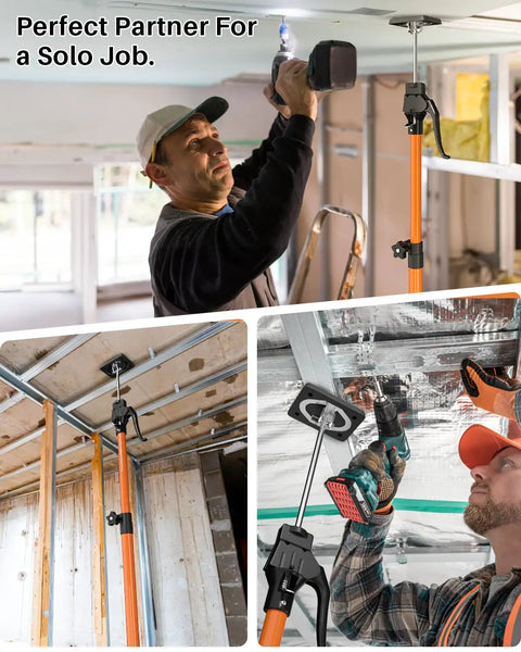 Get The Crew With This Adjustable Cabinet Jack Support Pole helping to hold drywall while installation, sturdy and easy to use.