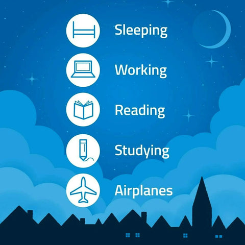 Illustration of Sleep And Study Ear Plugs uses: sleeping, working, reading, studying, airplanes against a night sky.