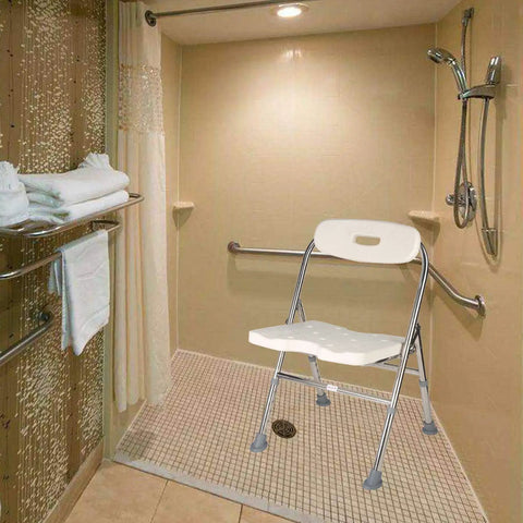 One-Piece Shower Chair With Back Adjustable Bath Chair For Seniors And Disabled Non-Slip White Supports Up To 330 Lbs Easy Tool-Free Assembly Durable Stainless Steel in shower room