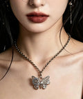 Chic Vintage Punk Butterfly Necklace With Mechanical Gears Alloy Jewelry For Daily Streetwear And Rock Concert Cosplay Look Adjustable Chain Lightweight Design worn by a model.