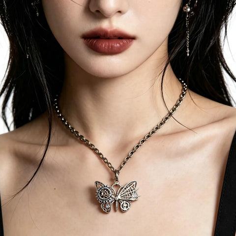 Chic Vintage Punk Butterfly Necklace With Mechanical Gears Alloy Jewelry For Daily Streetwear And Rock Concert Cosplay Look Adjustable Chain Lightweight Design worn by a model.