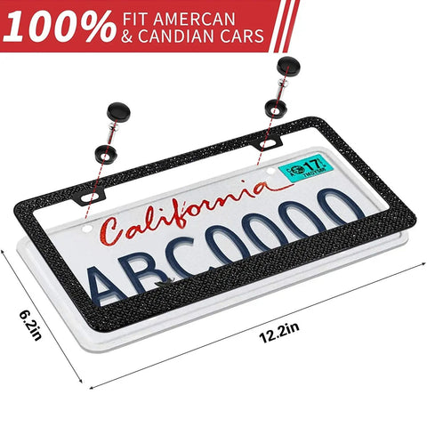 Sparkly Black License Plate Frame With Over 1200 14 Facets Crystal Rhinestones Bedazzled Glass Diamonds Scratch Guard Edges Includes Free Glitter Diamond Box Women Car Accessory shown with measurement fit for US and Canada cars.