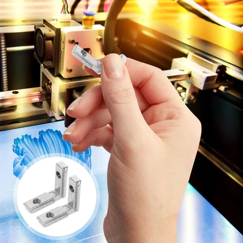 Person holding Slick Heavy Duty 2020 Series L Shaped Corner Brackets for Dead Simple Aluminum T Slot Assembly.
