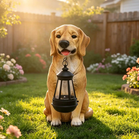 Golden Retriever Solar Dog Statue For Outdoor Decor With Lantern Lights in garden