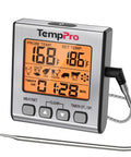 Digital Meat Thermometer For Grilling And Cooking With Backlit Display And Kitchen Timer Pro Grade Grill Thermometer For Smoker Oven And Barbecue 572 F Range With 1.8 Degree Temperature Accuracy displaying current temperature and timer.